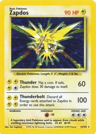 Zapdos 016  - Holofoil Base Set - Holo Rare Base Set Pokemon Single  Squirtle Squad Card Shop.