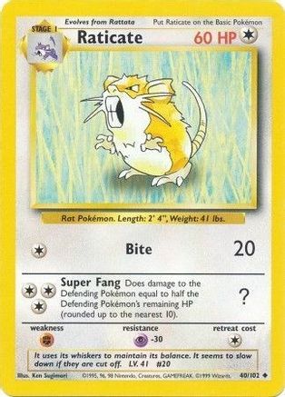 Raticate 040  Base Set - Uncommon Base Set Pokemon Single  Squirtle Squad Card Shop.