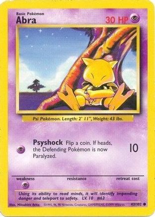 Abra 043/102 - Base Set Unlimited - Common Pokémon Card Base Set Pokemon Single  Squirtle Squad Card Shop.
