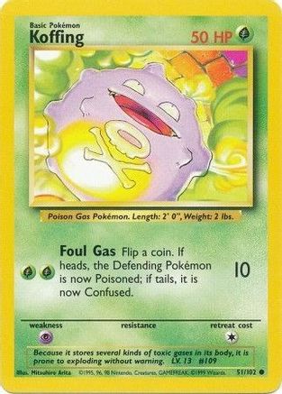 Koffing 051/102 - Base Set Unlimited - Common Pokémon Card Base Set Pokemon Single  Squirtle Squad Card Shop.