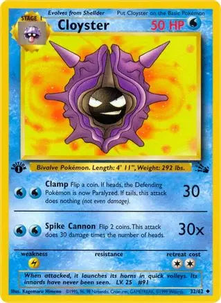 Cloyster 032/62 - 1st Edition Fossil - Uncommon Pokémon Card Fossil Pokemon Single  Squirtle Squad Card Shop.