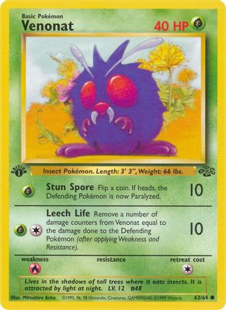 Venonat 63/64 Jungle 1st Edition Pokemon Card