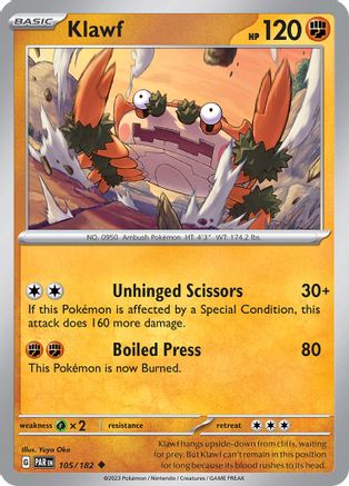 Klawf 105  - Reverse Holofoil SV04 Paradox Rift - Uncommon SV04: Paradox Rift Pokemon Single  Squirtle Squad Card Shop.