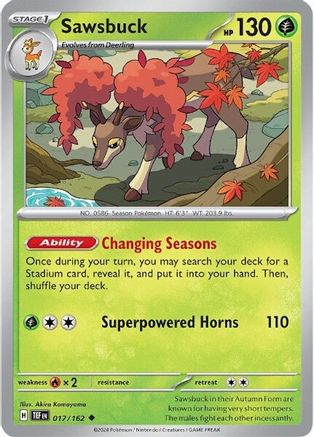 Sawsbuck 017/162  - Reverse Holofoil SV05 Temporal Forces - Uncommon SV05: Temporal Forces Pokemon Single  Squirtle Squad Card Shop.