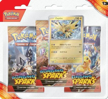 Surging Sparks 3 Pack Blisters [Zapdos] SV08: Surging Sparks Pokemon Sealed  Squirtle Squad Card Shop.