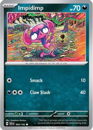 Impidimp 094  - Reverse Holofoil SV07 Stellar Crown - Common SV07: Stellar Crown Pokemon Single  Squirtle Squad Card Shop.
