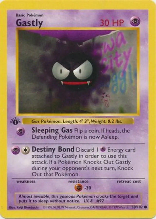Pokemon - Base Set Shadowless - Gastly 50/102 1st Edition - Condition (Played)