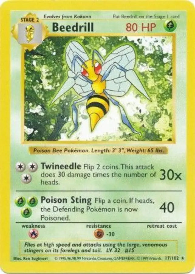Pokemon - Base Set Shadowless - Beedrill 17/102 - Condition (MP)