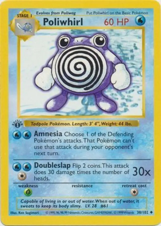 Pokemon - Base Set Shadowless - Poliwhirl 38/102 1st Edition - Condition (HP)