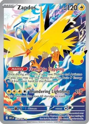Zapdos 133/128  - Holofoil ME 30th Celebration - Illustration Rare ME: 30th Celebration Pokemon Single  Squirtle Squad Card Shop.