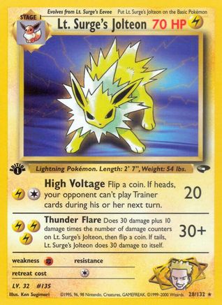 Lt. Surge's Jolteon 028  - 1st Edition Gym Challenge - Rare Gym Challenge Pokemon Single  Squirtle Squad Card Shop.