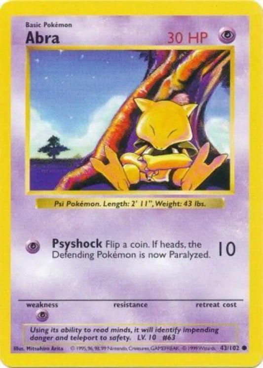 Abra 043  - Unlimited Base Set Shadowless - Common Base Set (Shadowless) Pokemon Single  Squirtle Squad Card Shop.