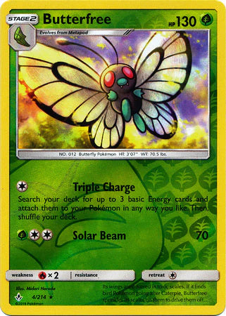 Butterfree 004/214 - Reverse Holofoil SM  Unbroken Bonds - Rare SM - Unbroken Bonds Pokemon Single  Squirtle Squad Card Shop.