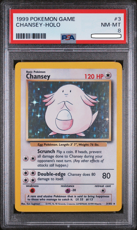 Pokémon TCG – Chansey Holo 3/102 – Base Set – PSA 8 Near Mint-Mint Squirtle Squad Card Shop.   Squirtle Squad Card Shop.