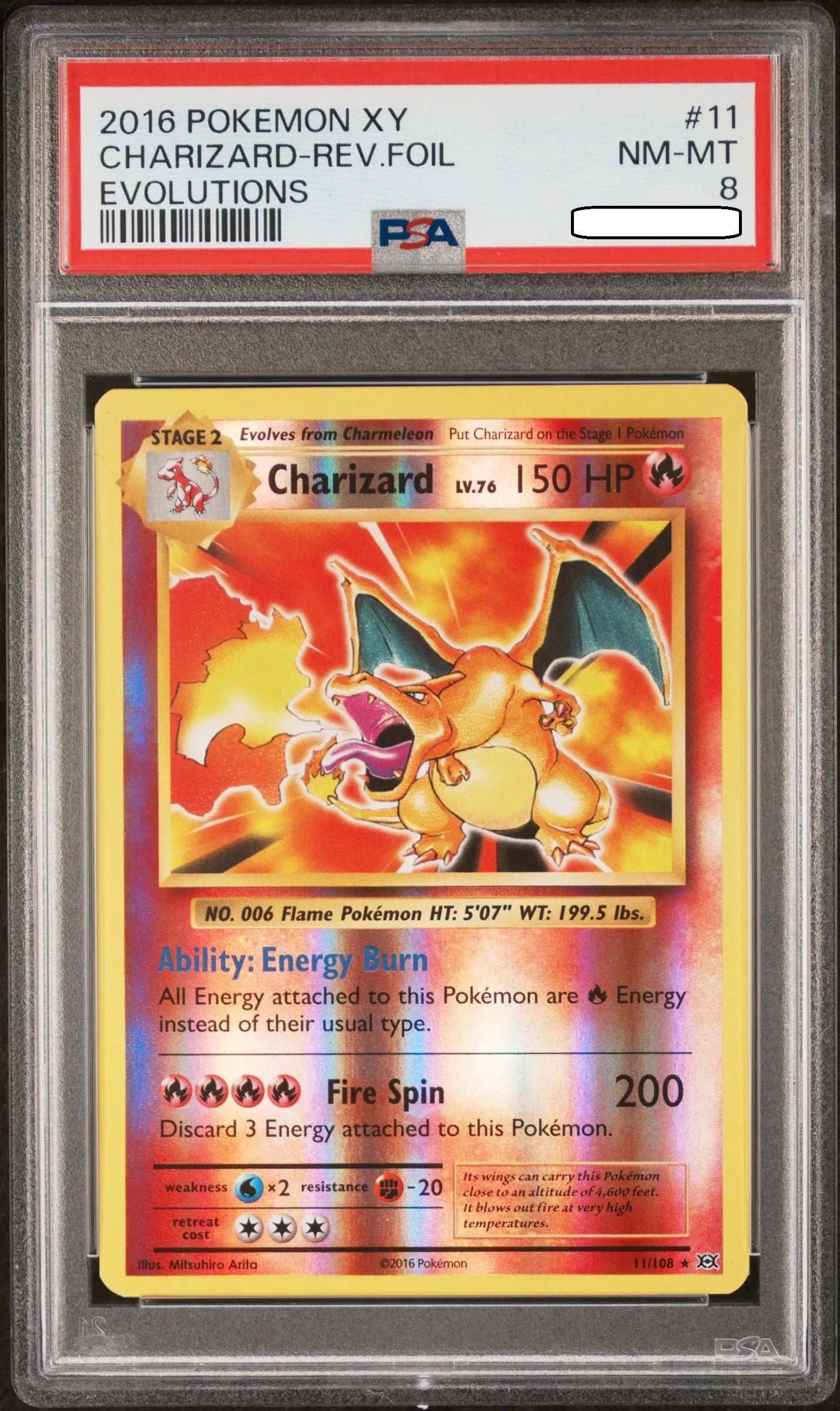 Pokémon TCG – Charizard Reverse Holo XY Evolutions #11 – PSA 8 Near Mint-Mint Squirtle Squad Card Shop.   Squirtle Squad Card Shop.