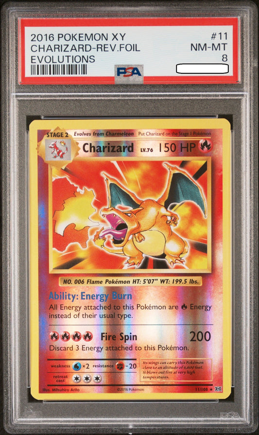 Pokémon TCG – Charizard Reverse Holo XY Evolutions #11 – PSA 8 Near Mint-Mint Squirtle Squad Card Shop.   Squirtle Squad Card Shop.