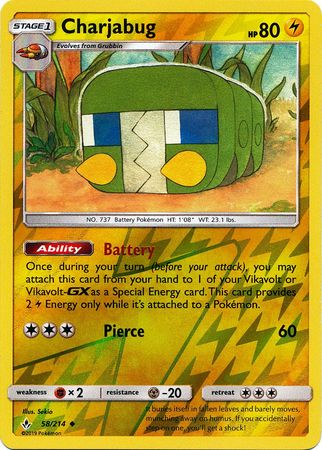 Charjabug 058/214  - Reverse Holofoil SM  Unbroken Bonds - Uncommon SM - Unbroken Bonds Pokemon Single  Squirtle Squad Card Shop.
