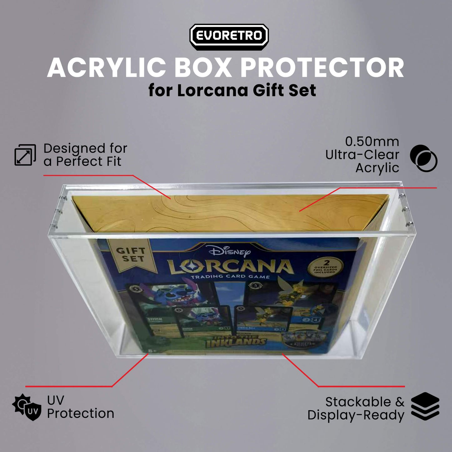 1x Lorcana Gift Set EVORETRO Display Case – 5mm Acrylic, Magnetic Lid EVORETRO Canada Card Protectors  Squirtle Squad Card Shop.