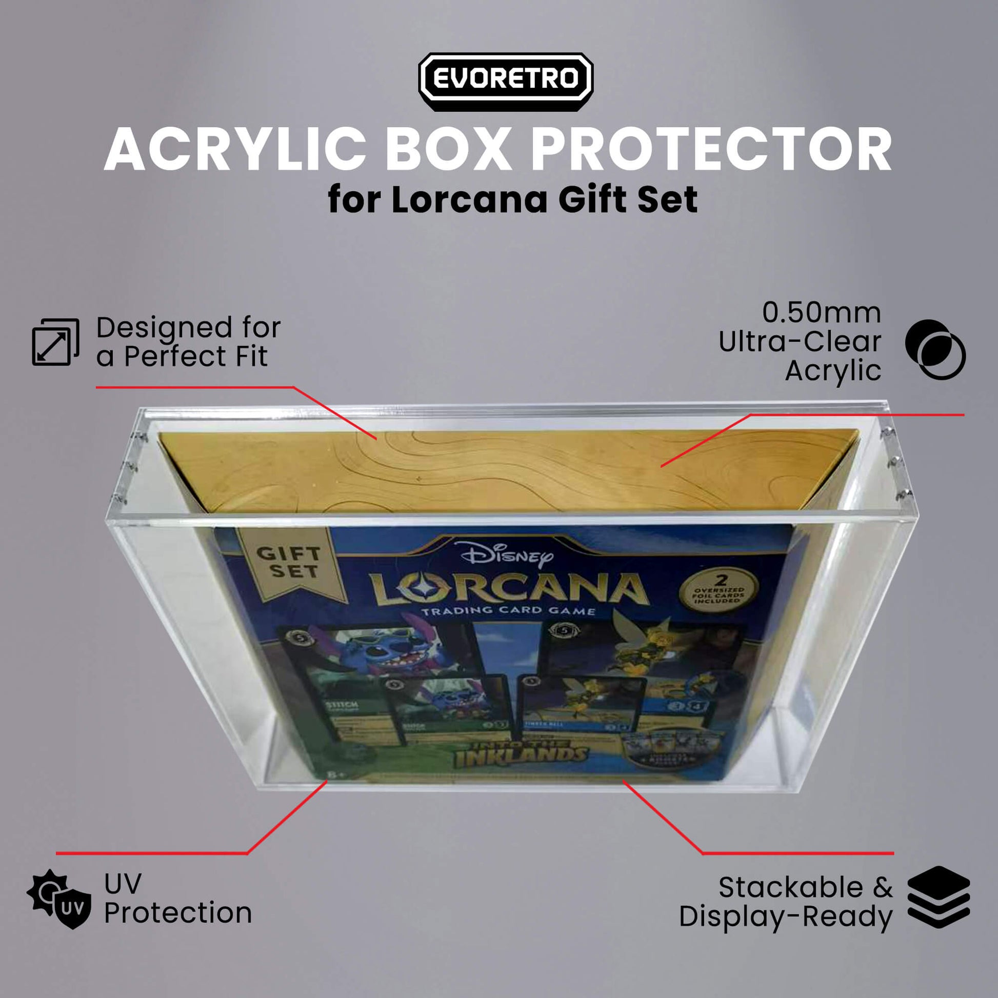 1x Lorcana Gift Set EVORETRO Display Case – 5mm Acrylic, Magnetic Lid EVORETRO Canada Card Protectors  Squirtle Squad Card Shop.