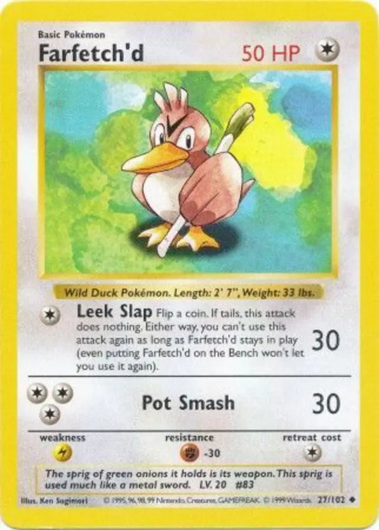 Farfetch'd 027  - Unlimited Base Set Shadowless - Uncommon Base Set (Shadowless) Pokemon Single  Squirtle Squad Card Shop.