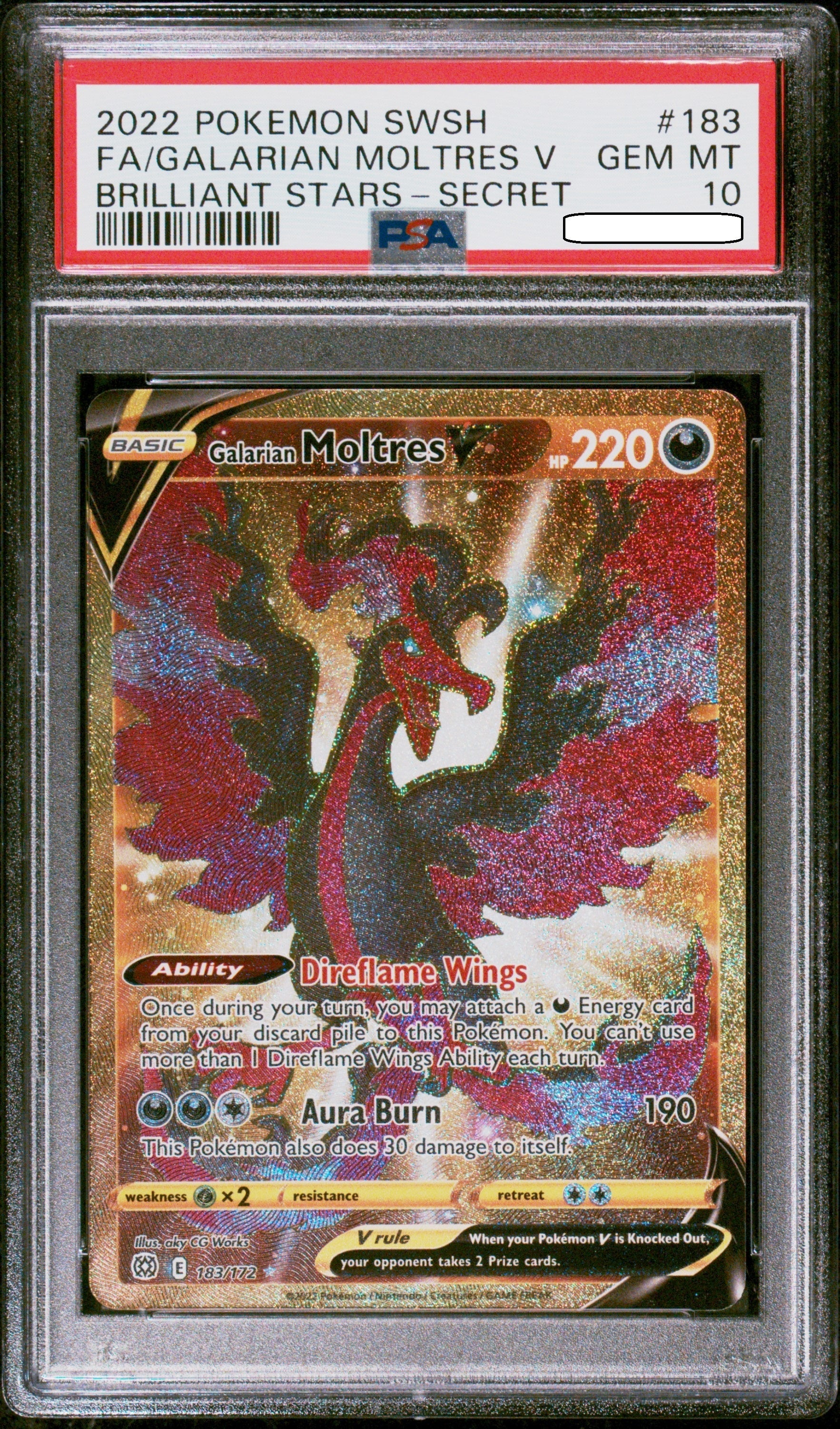 Pokémon TCG – Galarian Moltres V Gold Secret Rare 183/172 – PSA 10 Gem Mint – Brilliant Stars Squirtle Squad Card Shop.   Squirtle Squad Card Shop.