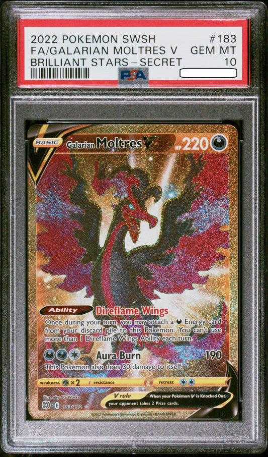 Pokémon TCG – Galarian Moltres V Gold Secret Rare 183/172 – PSA 10 Gem Mint – Brilliant Stars Squirtle Squad Card Shop.   Squirtle Squad Card Shop.