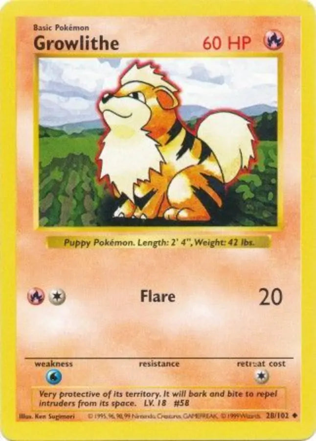 Growlithe 028  - Unlimited Base Set Shadowless - Uncommon Base Set (Shadowless) Pokemon Single  Squirtle Squad Card Shop.