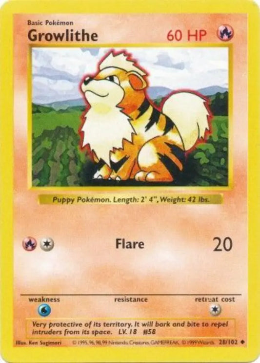 Growlithe 028  - Unlimited Base Set Shadowless - Uncommon Base Set (Shadowless) Pokemon Single  Squirtle Squad Card Shop.