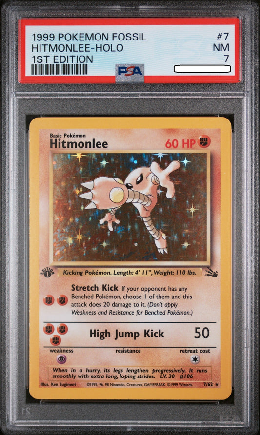 Pokémon TCG – Hitmonlee Holo 1st Edition 7/62 – Fossil – PSA 7 NM Squirtle Squad Card Shop.   Squirtle Squad Card Shop.