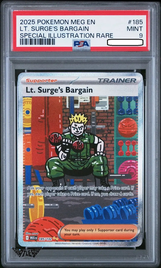 Pokémon TCG – Lt. Surge’s Bargain 185/132 – Mega Evolution Holo – PSA 9 Mint – Trainer Card Squirtle Squad Card Shop.   Squirtle Squad Card Shop.