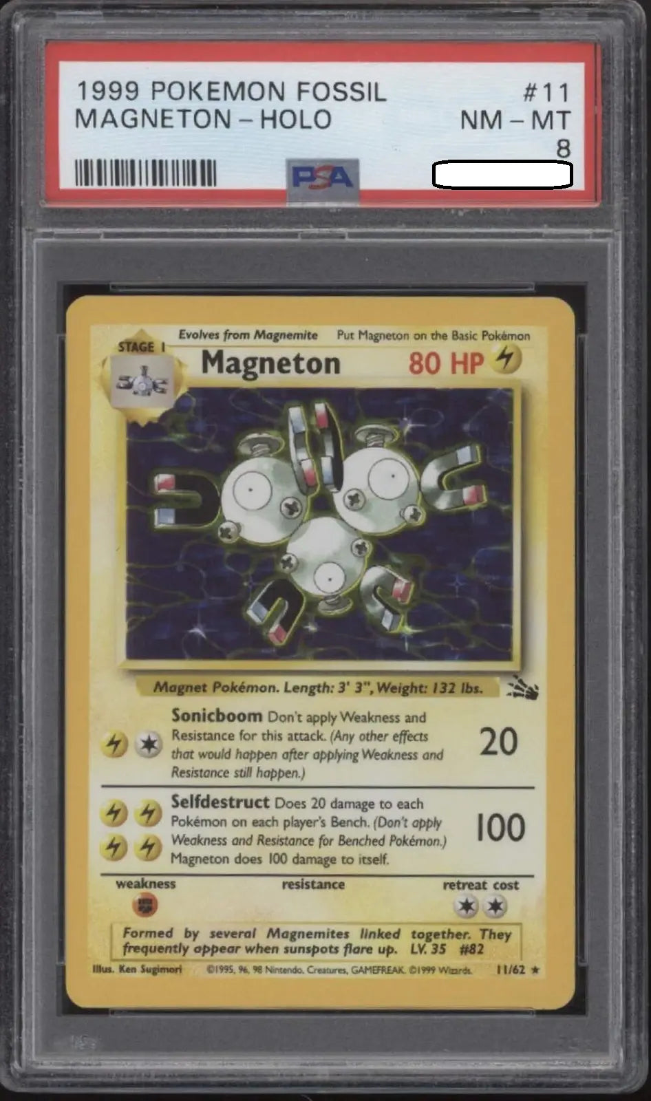 Pokémon TCG – Magneton Holo 11/62 – Fossil – PSA 8 Near Mint-Mint Squirtle Squad Card Shop.   Squirtle Squad Card Shop.