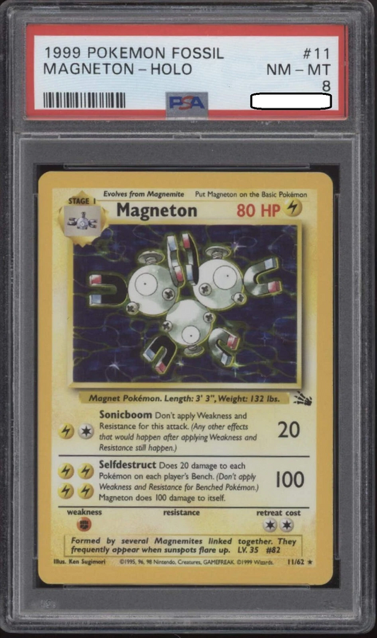 Pokémon TCG – Magneton Holo 11/62 – Fossil – PSA 8 Near Mint-Mint Squirtle Squad Card Shop.   Squirtle Squad Card Shop.