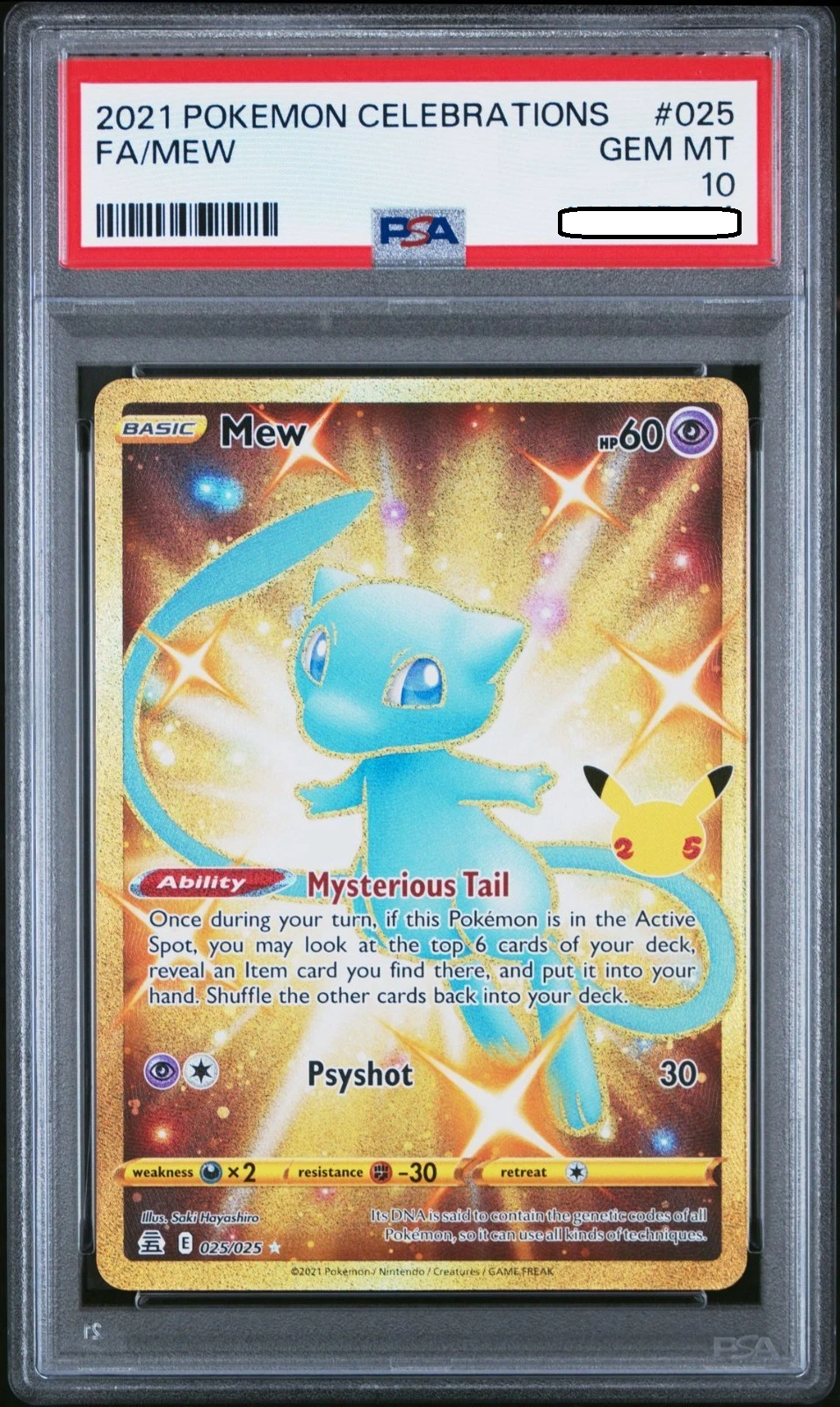 Pokémon TCG – Gold Mew Full Art 025/025 – PSA 10 Gem Mint – Celebrations 25th Anniversary Squirtle Squad Card Shop.   Squirtle Squad Card Shop.