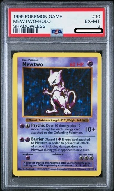 Pokémon TCG – Mewtwo Holo Shadowless 10/102 – Base Set – PSA 6 EX-MT Squirtle Squad Card Shop.   Squirtle Squad Card Shop.
