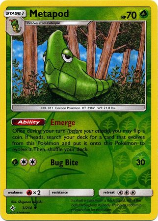 Metapod 003/214 - Reverse Holofoil SM  Unbroken Bonds - Uncommon SM - Unbroken Bonds Pokemon Single  Squirtle Squad Card Shop.