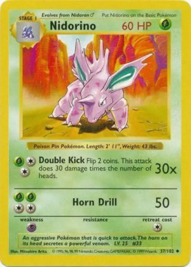 Nidorino 037  - Unlimited Base Set Shadowless - Uncommon Base Set (Shadowless) Pokemon Single  Squirtle Squad Card Shop.