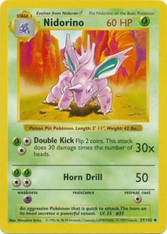 Nidorino 037  - Unlimited Base Set Shadowless - Uncommon Base Set (Shadowless) Pokemon Single  Squirtle Squad Card Shop.