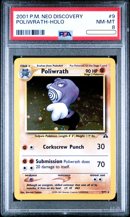 Pokémon TCG – Poliwrath Holo 9/75 – Neo Discovery – PSA 8 NM-MT Squirtle Squad Card Shop.   Squirtle Squad Card Shop.