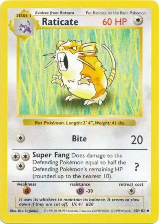 Raticate 040  - Unlimited Base Set Shadowless - Uncommon Base Set (Shadowless) Pokemon Single  Squirtle Squad Card Shop.
