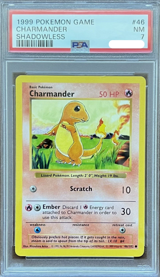 Pokémon TCG - Charmander 46/102 - Base Set Shadowless - PSA 7 NM Squirtle Squad Card Shop.   Squirtle Squad Card Shop.