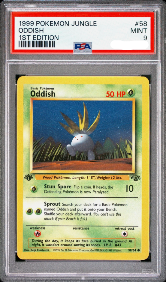 Pokémon TCG - Oddish 58/64 - Jungle - 1st Edition - PSA 9 Mint Squirtle Squad Card Shop.   Squirtle Squad Card Shop.