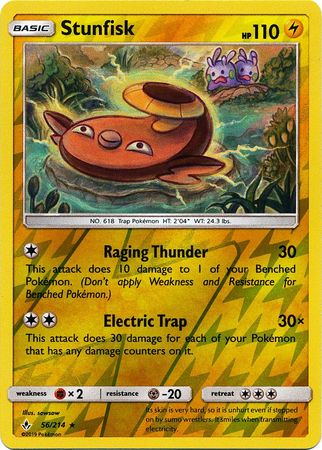 Stunfisk 056/214 - Reverse Holofoil SM  Unbroken Bonds - Rare SM - Unbroken Bonds Pokemon Single  Squirtle Squad Card Shop.