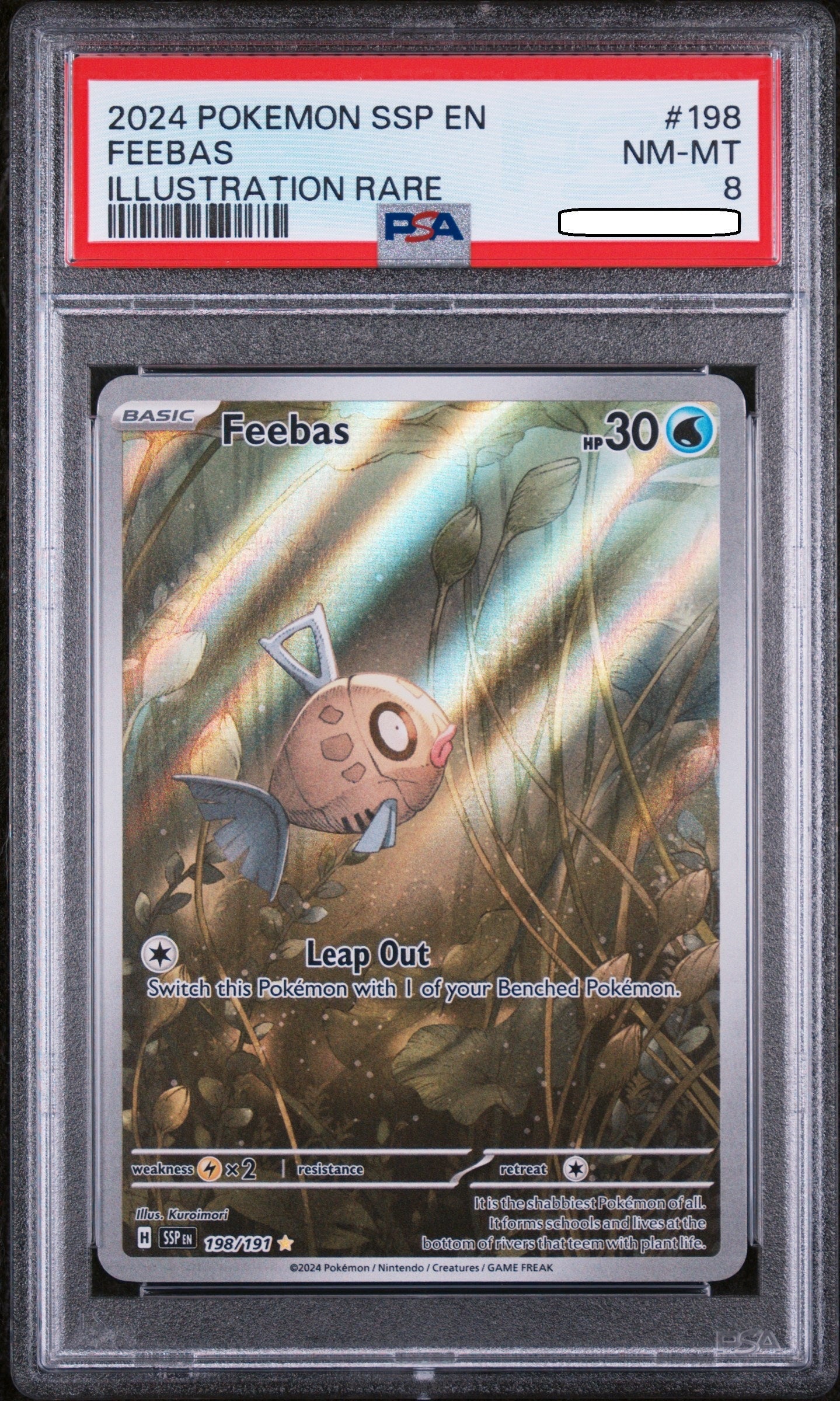 Pokémon TCG - Feebas 198/191 - Illustration Rare - Surging Sparks - PSA 8 NM-MT Squirtle Squad Card Shop.   Squirtle Squad Card Shop.