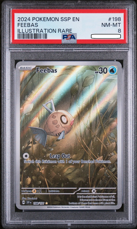 Pokémon TCG - Feebas 198/191 - Illustration Rare - Surging Sparks - PSA 8 NM-MT Squirtle Squad Card Shop.   Squirtle Squad Card Shop.