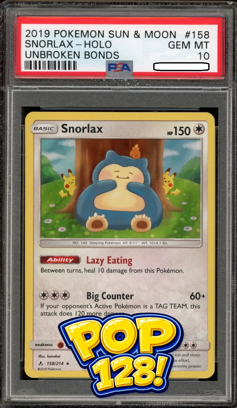 Pokémon - Snorlax 158/214 Holo Rare - PSA 10 Gem Mint - Unbroken Bonds