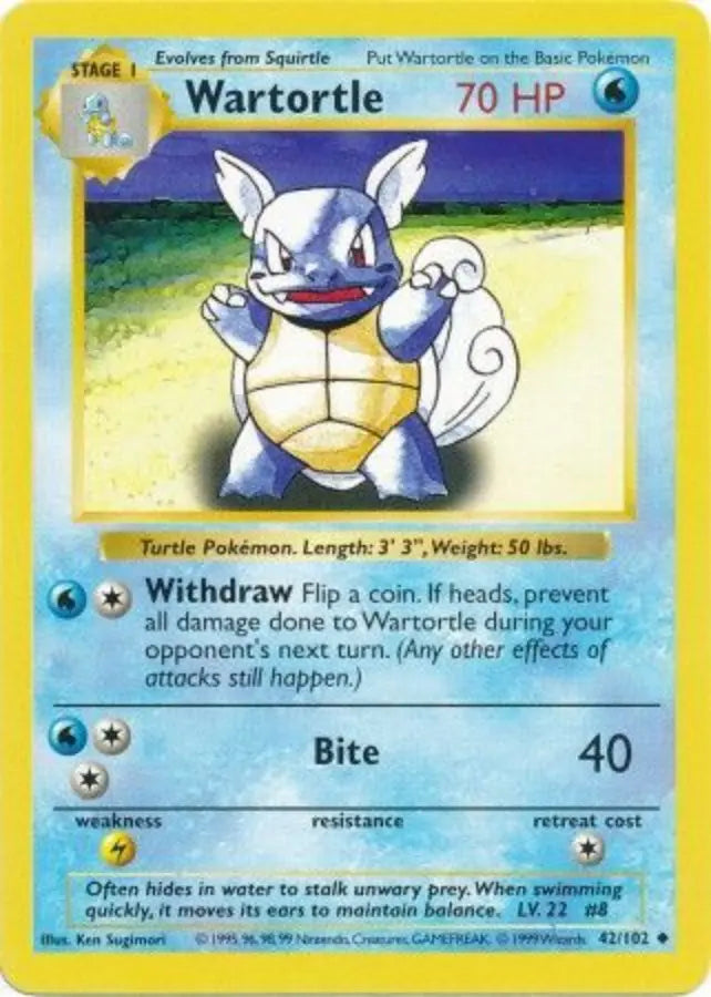 Wartortle 042  - Unlimited Base Set Shadowless - Uncommon Base Set (Shadowless) Pokemon Single  Squirtle Squad Card Shop.