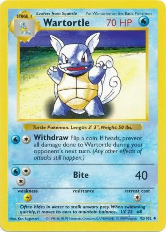 Wartortle 042  - Unlimited Base Set Shadowless - Uncommon Base Set (Shadowless) Pokemon Single  Squirtle Squad Card Shop.