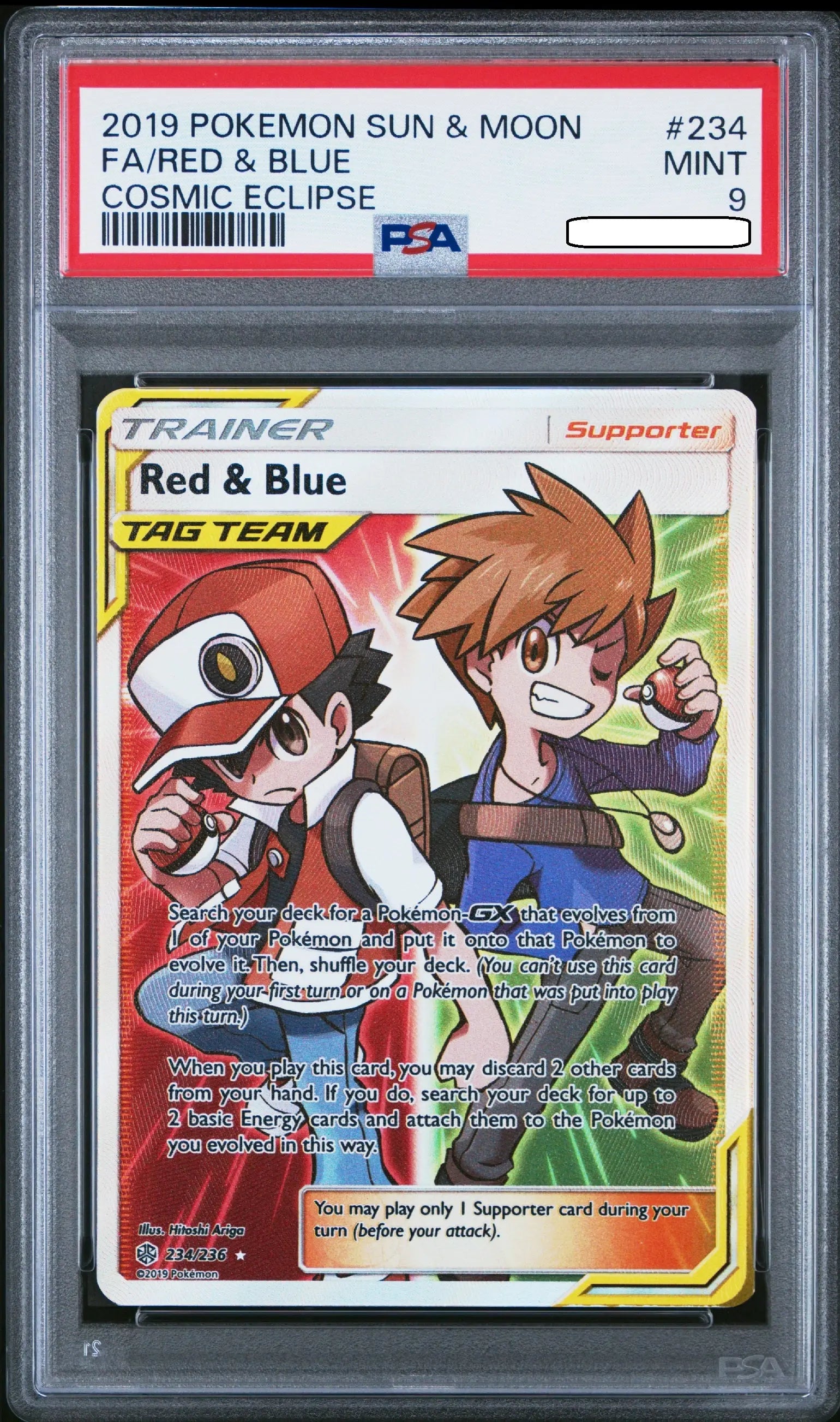Pokémon - Cosmic Eclipse - Red & Blue 234/236 - PSA 9 Mint Full Art Trainer Squirtle Squad Card Shop.   Squirtle Squad Card Shop.