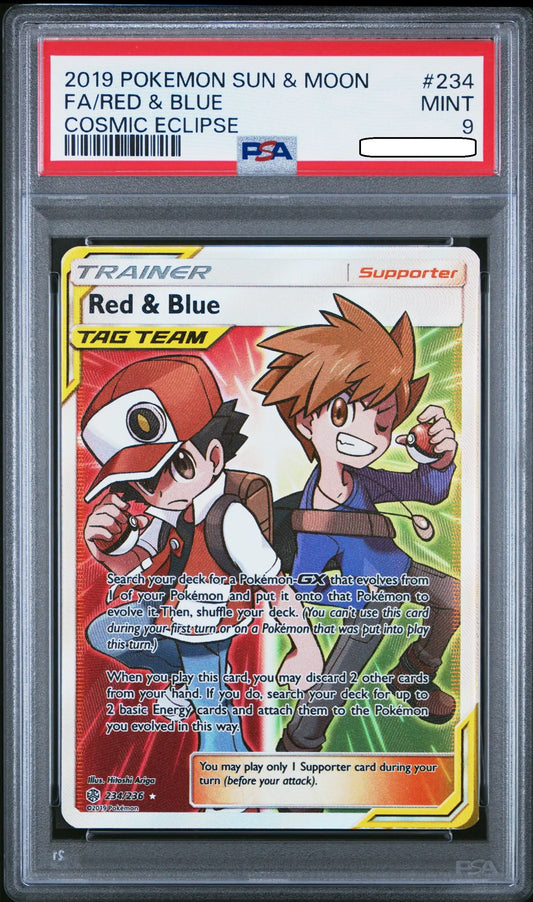 Pokémon - Cosmic Eclipse - Red & Blue 234/236 - PSA 9 Mint Full Art Trainer Squirtle Squad Card Shop.   Squirtle Squad Card Shop.