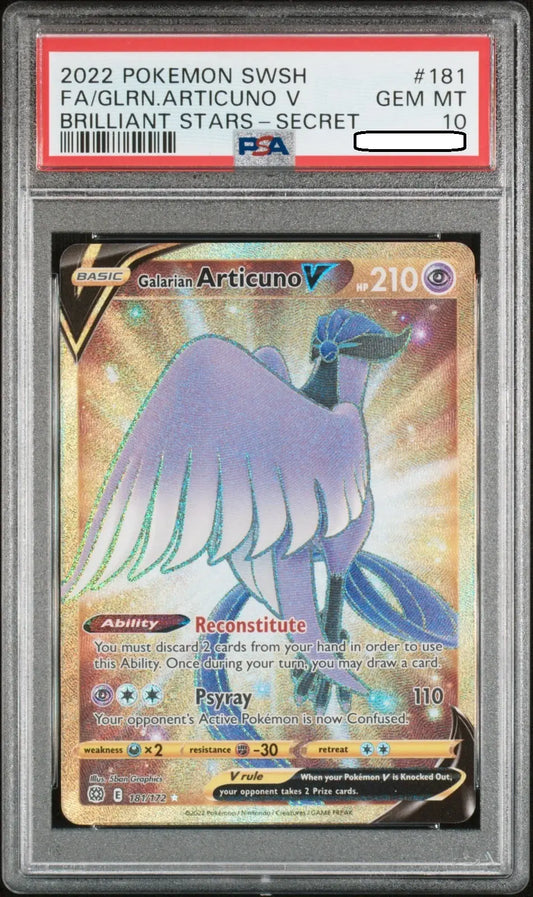 Pokémon TCG – Galarian Articuno V Gold Secret Rare 181/172 – PSA 10 Gem Mint – Brilliant Stars Squirtle Squad Card Shop.   Squirtle Squad Card Shop.